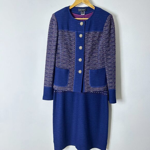 St. John Blue Purple Texture Tweed‎ Career Jacket Blazer Dress Set Women'… - Picture 10 of 15